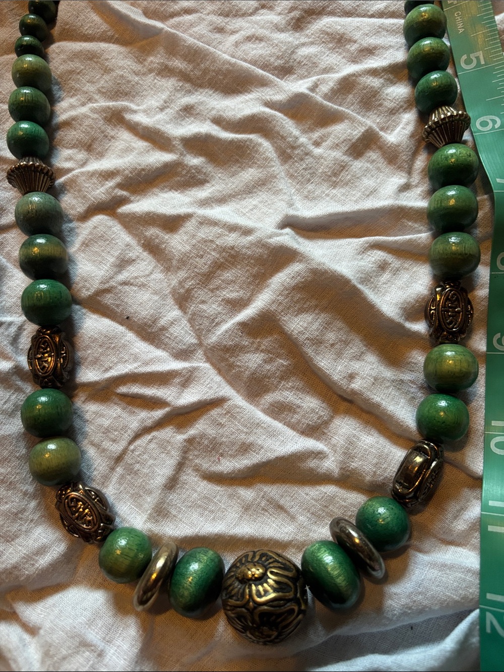 Green Beaded Statement Necklace with Antique Brass Accents - Picture 2 of 7